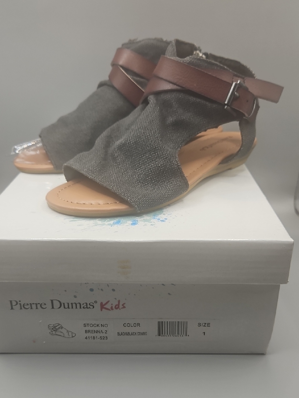 Pierre Dumas Kids Gray Fabric Sandals with Brown Ankle Strap